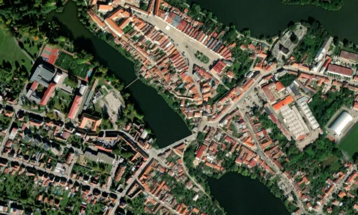 Bývalý městský špitál svatého Ducha v Telči – letecký pohled