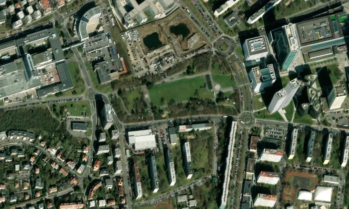 Centrální park Pankrác – letecký pohled
