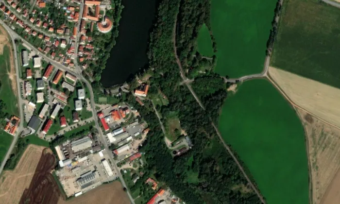 Dolní mlýn v Telči – letecký pohled