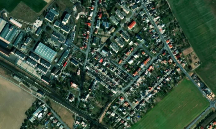 Domy dělnické kolonie čp. 288-303 – letecký pohled