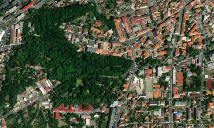 Evangelický kostel (Žatec) – letecký pohled
