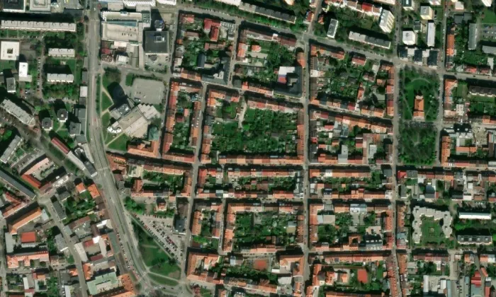 evangelický kostel v Českých Budějovicích – letecký pohled