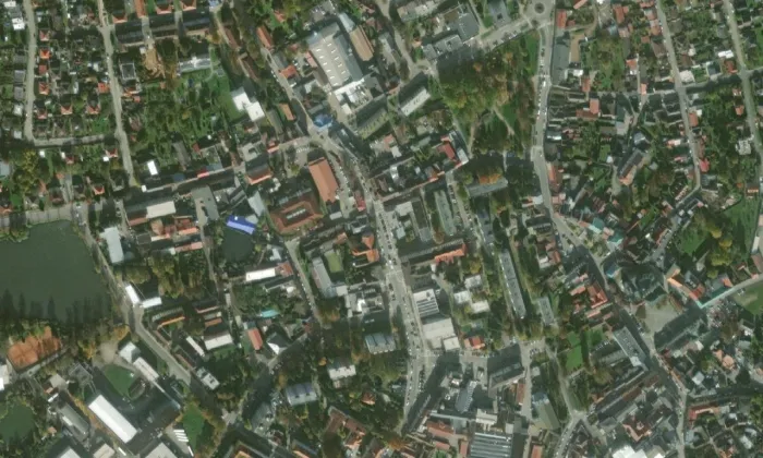 evangelický kostel v Humpolci – letecký pohled