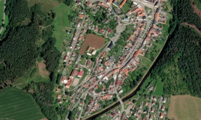 evangelický kostel v Jimramově – letecký pohled