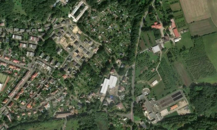 evangelický kostel v Jirkově – letecký pohled