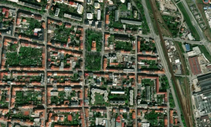 Husův sbor v Českých Budějovicích – letecký pohled