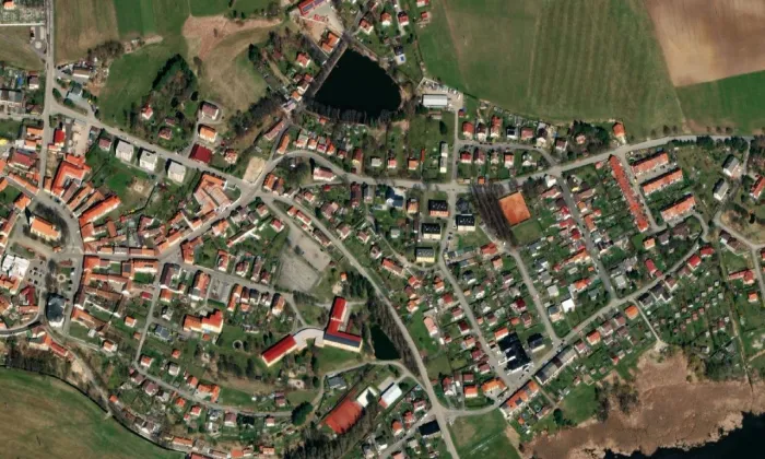 Husův sbor v Křemži – letecký pohled