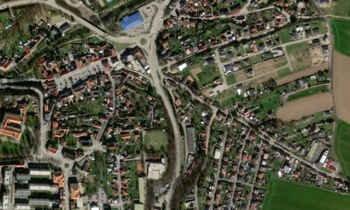 Husův sbor ve Vlašimi – letecký pohled