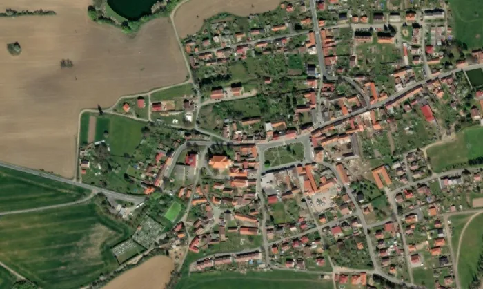 Kostel svatého Mikuláše (Krásná Hora nad Vltavou) – letecký pohled
