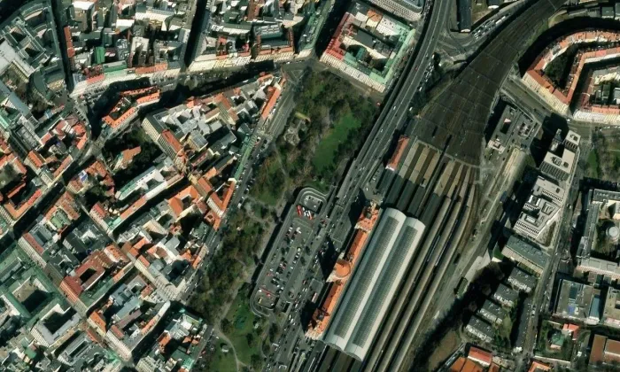 Vrchlického sady – letecký pohled