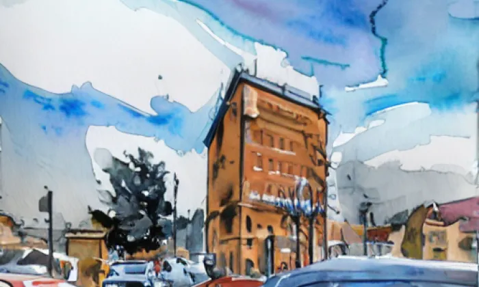 Areál železniční stanice Cheb – akvarel