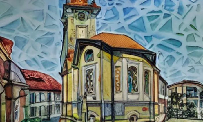 bývalá synagoga v Plaňanech – akvarel