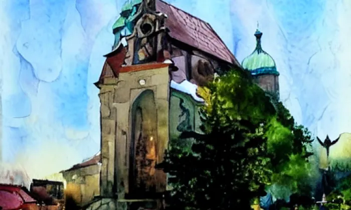 Barokní kaple na hřbitově u svatého Marka u Stříteže – akvarel