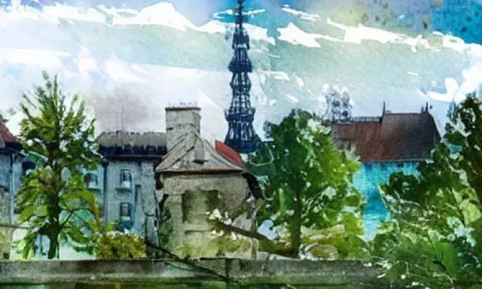 Boží muka na návsi – akvarel