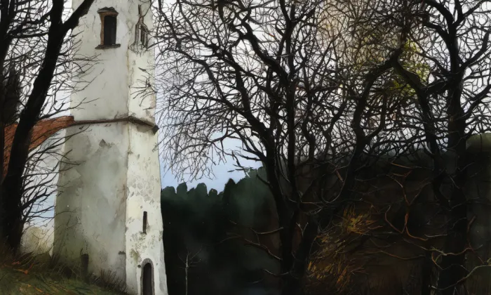 Boží muka u silnice západně od Drážkova – akvarel