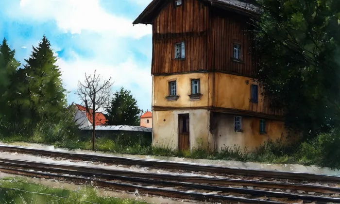 Drážní věžový vodojem – akvarel