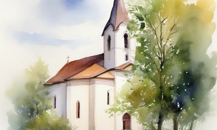 evangelický kostel (Újezd u Brna) – akvarel