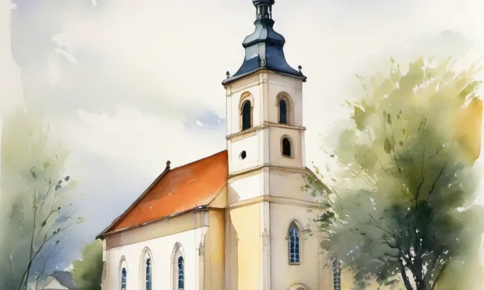 Evangelický kostel (Bystřice) – akvarel