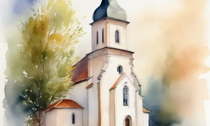 Evangelický kostel (Prostřední Suchá) – akvarel