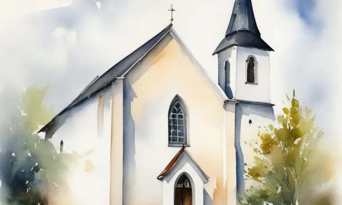 evangelický kostel v České Kamenici – akvarel