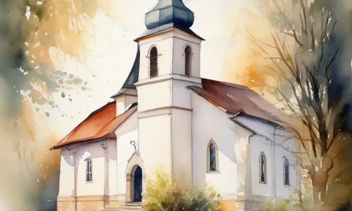 evangelický kostel v Bošíně – akvarel