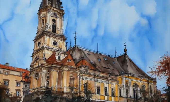 evangelický kostel v Děčíně – akvarel