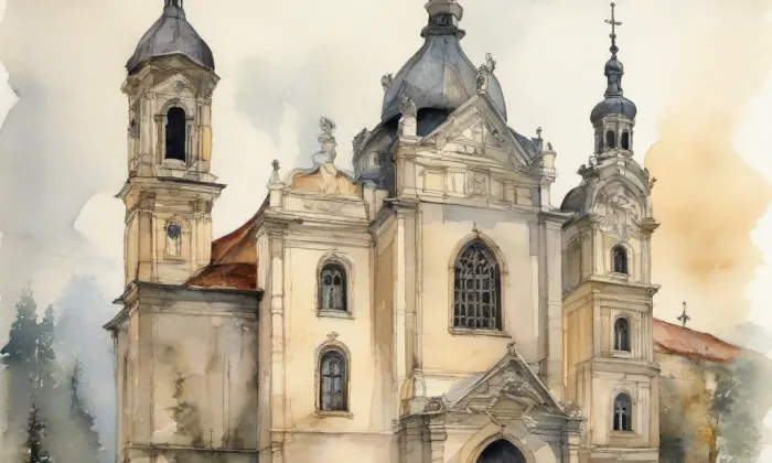evangelický kostel v Dvakačovicích – akvarel