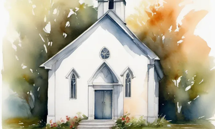 evangelický kostel v Hrobu – akvarel