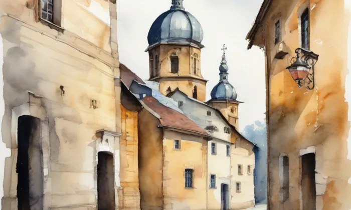evangelický kostel v Jirkově – akvarel