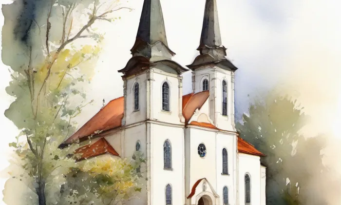evangelický kostel v Mělnickém Vtelně – akvarel