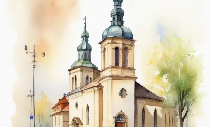 evangelický kostel v Pardubicích – akvarel