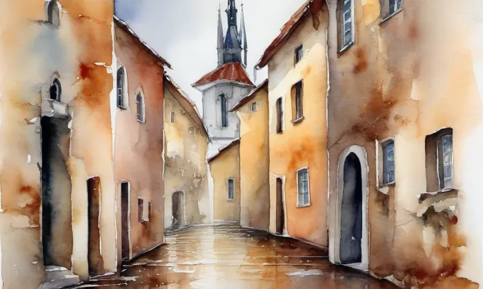 evangelický kostel v Prosetíně – akvarel