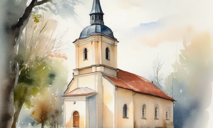 evangelický kostel v Rožnově pod Radhoštěm – akvarel