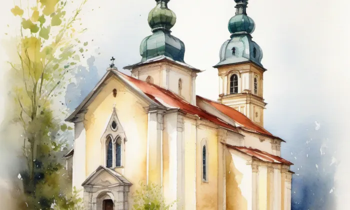 evangelický kostel v Soběhrdech – akvarel