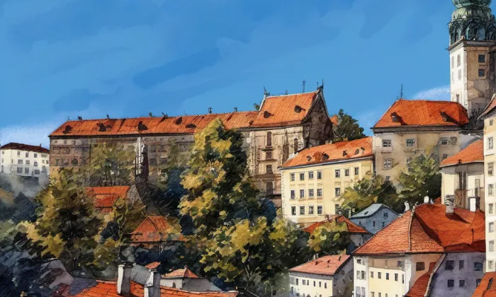 Historické centrum Českého Krumlova – akvarel