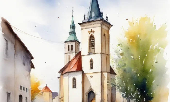husitský kostel v Pardubicích – akvarel