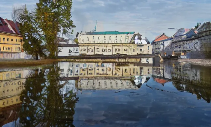 jezový most a zdymadlo Miřejovice – akvarel