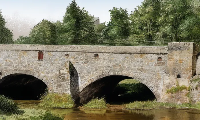 kamenný most přes Stržský potok ve Světnově – akvarel