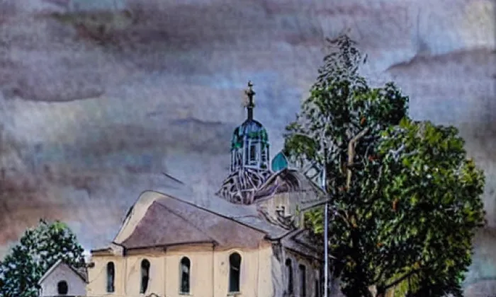 kostel Českobratrské církve evangelické v Nebuželech – akvarel