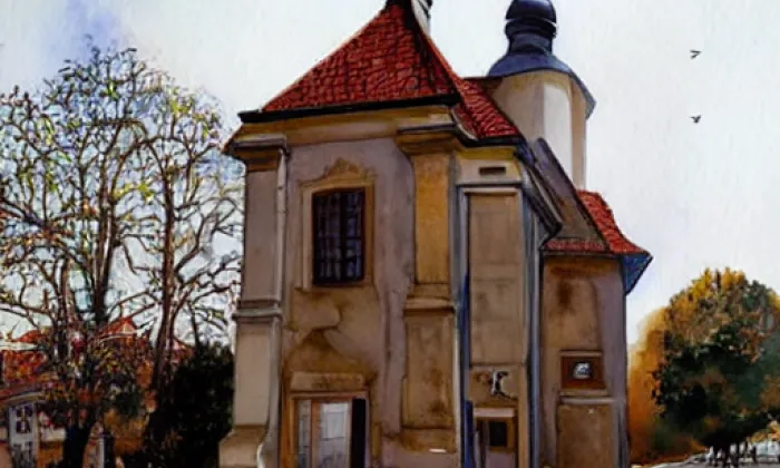 Kostel Nanebevzetí Panny Marie (Únětice) – akvarel