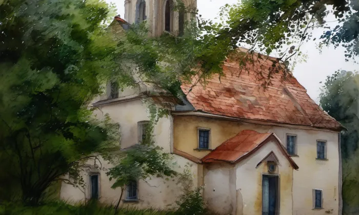 kostel Nanebevzetí Panny Marie (Hostín u Vojkovic) – akvarel