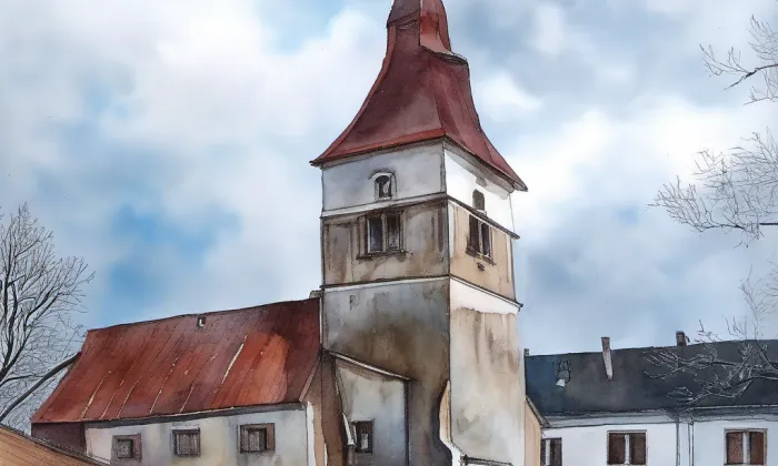 kostel Narození Panny Marie (Pluhův Žďár) – akvarel