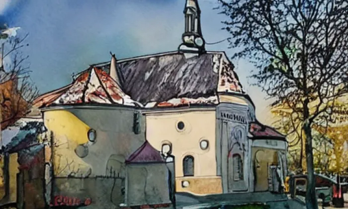 Kostel Narození Panny Marie ve Žlebích – akvarel