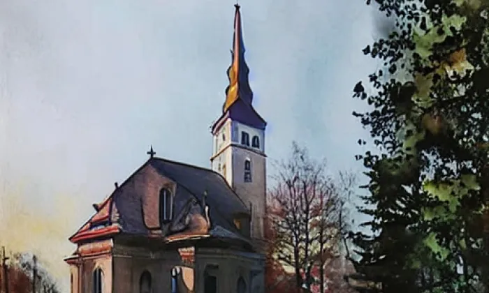 kostel Nejsvětější Trojice (Pouchobrady) – akvarel
