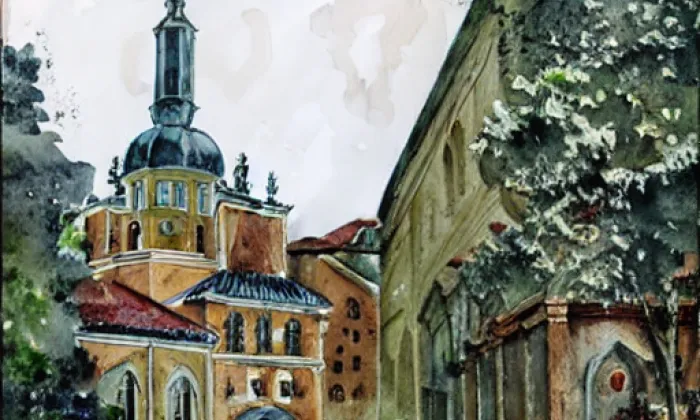 kostel Nejsvětější Trojice na zámku Starý Hrozňatov – akvarel