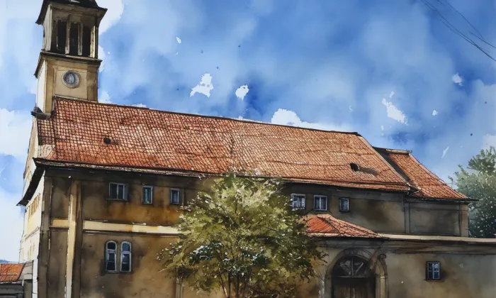 Kostel Panny Marie Královny míru – akvarel