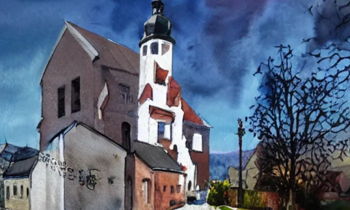 kostel sv. Jakuba Většího – akvarel