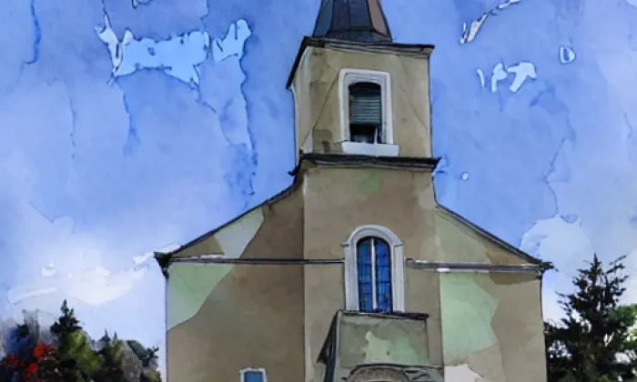 Kostel svatých Cyrila a Metoděje (Řenče) – akvarel