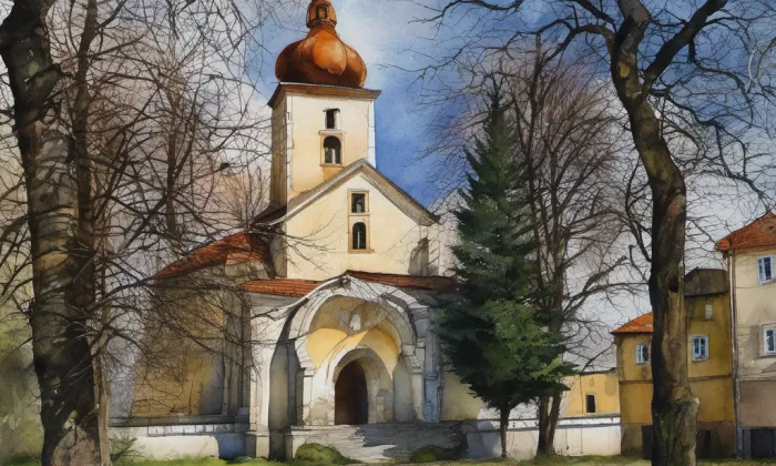 kostel svatých Petra a Pavla (Tištín) – akvarel