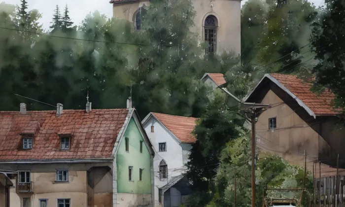 Kostel svatého Jakuba Staršího (Zápy) – akvarel